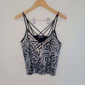 ASTR Sequin Strappy V-neck Spaghetti Strap Tank Top Blouse Black Silver Party